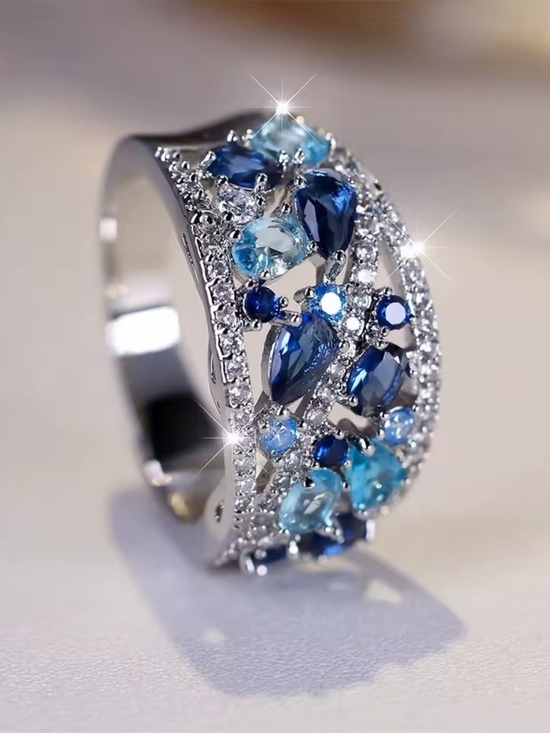 Spectrum Designz Jewelry - Silver color Ring with Mixed Blue Gemstones - Women Jewelry